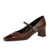 BIGTREE SHOES 5292 Retro European American Style Mid Heel Chunky Heel Low-Cut Stitching Square Head Rhinestone Buckle Ankle-Strap Shoes Spring and Autumn Women's Shoes