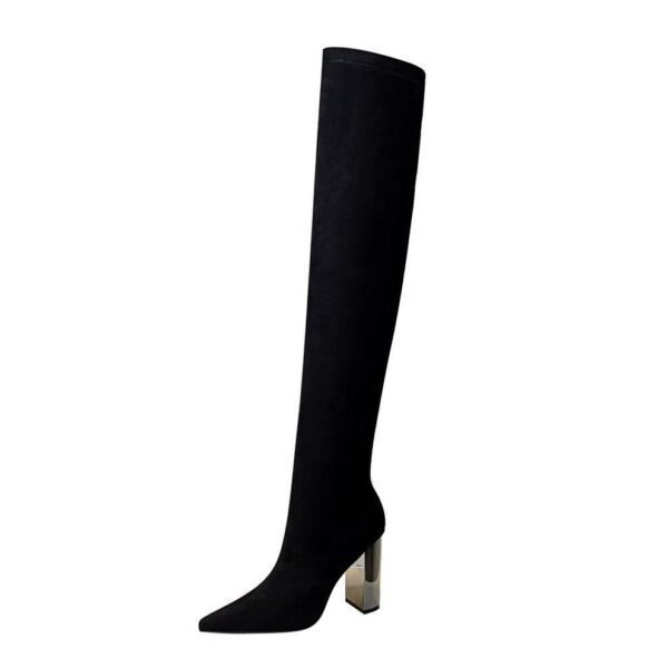 BIG TREE SHOES 3128-6 European and American Fashion Metal Heel Chunky Heel High Heel Suede Pointed Toe Thinner Pedicure over-the-Knee Boots