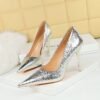 BIG TREE SHOES 9511-38 Retro European American Style Banquet High Heels Women's Shoes Metal Heel High Heel Low-Cut Pointed Sequined Women's Shoes
