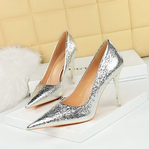 BIG TREE SHOES 9511-38 Retro European American Style Banquet High Heels Women's Shoes Metal Heel High Heel Low-Cut Pointed Sequined Women's Shoes