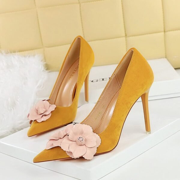 BIGTREE SHOES 1829-H57 Korean Fashion Sweet High Heels Stiletto Very Suede Shallow Mouth Pointed-Toe Colorblock Flower Shoes