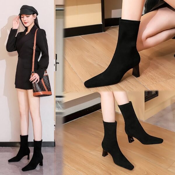 42fe9bf7d3d941371607f7348cb6ab92 BIGTREE SHOES 375-8 European and American Fashion Minimalist Chunky Heel Square Toe Suede Pedicure Slimming Women's Short Boots Winter High Heel Boots