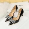 BIG TREE SHOES 638-Ah20 Korean Style Banquet Women's Shoes High Heel Low-Cut Pointed Toe Side Hollow Rhinestone Bow Pumps Women's High Heels