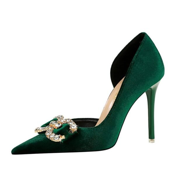 Bigtree Shoes 1363-K77 Banquet High Heels Stiletto Heel Shallow Mouth Pointed Side Hollow out Thick Suede Rhinestone Buckle Bow Pumps