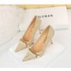 9283-1 European and American style houndstooth high-heeled high-heeled shallow-pointed pearl chain plaid women's shoes