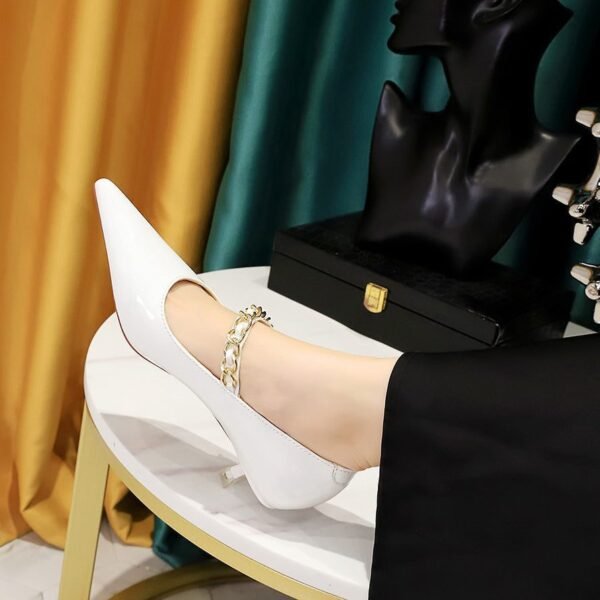 BIGTREE SHOES 237-22 European and American Style Banquet Women's Shoes Mid Heel Shiny Patent Leather Low Mouth Pointed-Toe Metal Chain Ankle-Strap Shoes Women