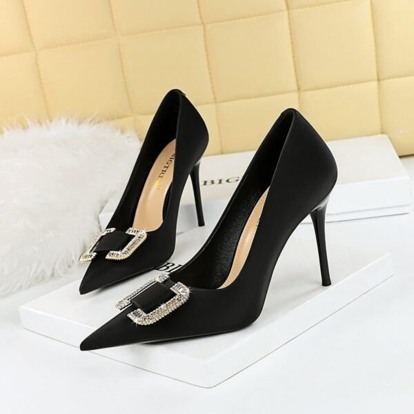 BIG TREE Shoes 3265-k6 European and American Style Fashion Banquet High Heels Stiletto Heel Shallow Mouth Pointed Toe Satin Metal Rhinestone Buckle Pumps Women