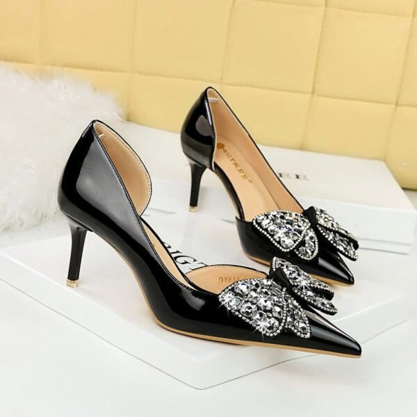 BIG TREE SHOES 638-Ah21 Korean Style Banquet Women's Shoes High Heel Stiletto Low Mouth Pointed Side Hollow Patent Leather Rhinestone Bow Pumps