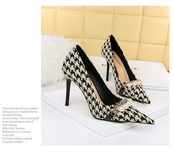 9283-1 European and American style houndstooth high-heeled high-heeled shallow-pointed pearl chain plaid women's shoes