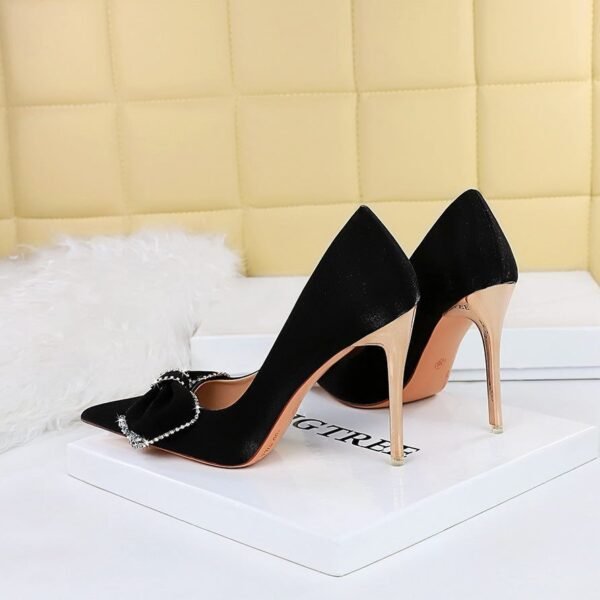 BIGTREE SHOES 1829-H31 European and American Banquet High Heels Women's Shoes Metal Heel Super High Heel Pointed Toe Satin Rhinestone Bow Pumps
