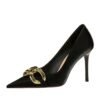 7239-1 European And American Fashion Slim Thin-heeled Super High-heeled Women's Shoes Shallow Pointed Big Metal Buckle Shoes