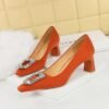 BIGTREE SHOES 6186-k30 European and American Style Banquet Women's Shoes Chunky Heel High Heel Satin Shallow Mouth Square Toe Metal Rhinestone Buckle Pumps Female