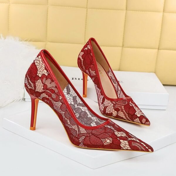 BIG TREE SHOES 1963-1 European and American Banquet Women's Shoes Skinny High Heels Low-Cut Pointed-Toe Stilettos High Heel Mesh Hollow-out Lace Shoes
