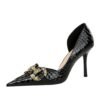 484b019fa7596ca65fe676fab3d9c27f big tree shoes 8238-1 European and American Banquet High Heels Stiletto Heel Shallow Mouth Pointed Toe Side Hollow Metal Rhinestone Buckle Pumps Women's Shoes