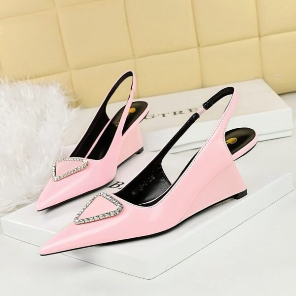 BIGTREE SHOES 1097-K37 European and American Banquet Women's Fashion Shoes High Heel Wedge Shiny Patent Leather Rhinestone Buckle Hollow Back Strap Pumps