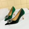 Bigtree Shoes 1818-K83 European and American Style Light Luxury Banquet High Heels Women's Shoes Wine Glass Heel Metal Rhinestone Buckle Thick Suede Pumps