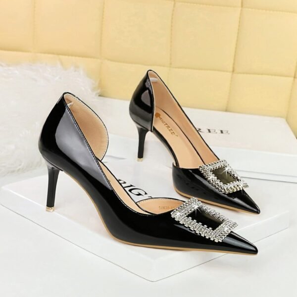 BIGTREE SHOES 638-Ak63 Banquet High Heels Women's Shoes Patent Leather Low-Cut Pointed Toe Side Hollow Square Metal Rhinestone Buckle Pumps Women