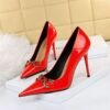 6122-7Women's high-heeled shoes, thin heel, bright finish, patent leather, shallow mouth, pointed OL high heel-Bigtree shoes