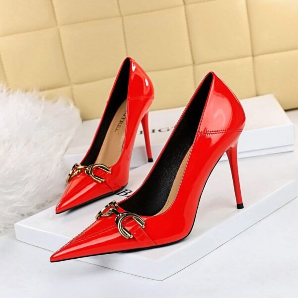6122-7Women's high-heeled shoes, thin heel, bright finish, patent leather, shallow mouth, pointed OL high heel-Bigtree shoes