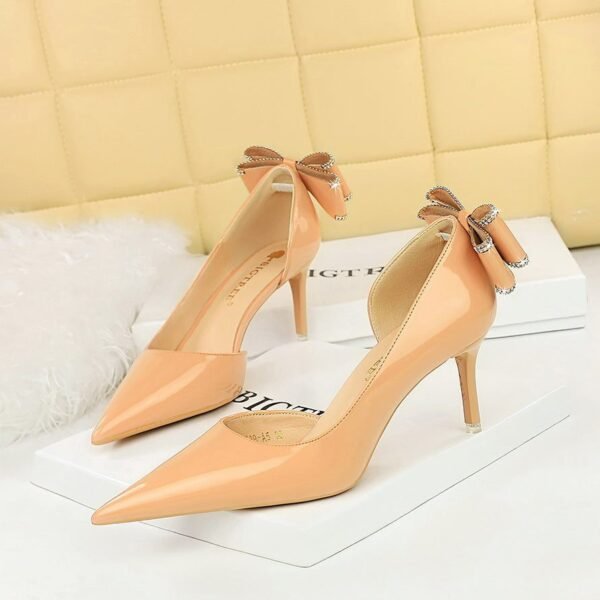 BIG TREE SHOES 638-ah35m Korean Style Banquet High Heels Stiletto Low-Cut Pointed Side Hollow Patent Leather Back Bow Women's Shoes
