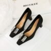 BIGTREE SHOES 6186-k70 European and American Style Banquet Light Luxury Women's Shoes Chunky Heel High Heel Low-Cut Square Toe Satin Rhinestone Buckle Pumps Women's Shoes