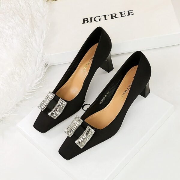 BIGTREE SHOES 6186-k70 European and American Style Banquet Light Luxury Women's Shoes Chunky Heel High Heel Low-Cut Square Toe Satin Rhinestone Buckle Pumps Women's Shoes
