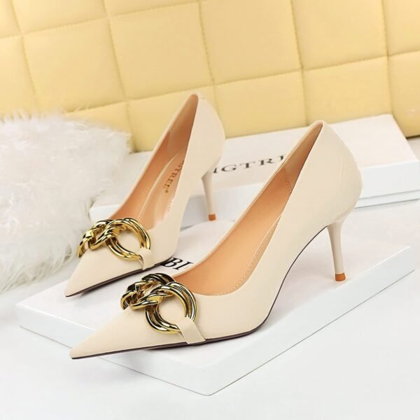 7239-A1 European and American fashion banquet women's shoes fine heel high heel shallow pointed metal buckle single shoes high heels