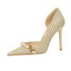 4b3a33ef5675ccc0bf7a1c0e7ff5f888 8829-1 Korean version of high-heeled shoes with lattice pattern shallow mouth side hollow houndstooth pearl metal chain super high-heeled shoes