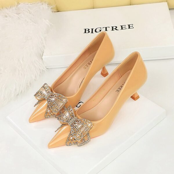 4b40543717d24990b5be5f42ba3501f9 BIGTREE SHOES 1961-H39 European and American Banquet Women's Shoes Small Stiletto Heel Mid Heel Patent Leather Shallow Mouth Pointed Toe Rhinestone Bow Pumps Women's Shoes