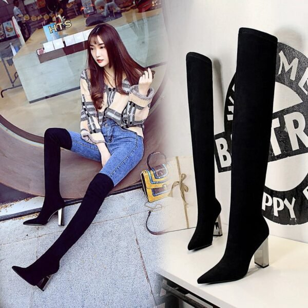 BIG TREE SHOES 3128-6 European and American Fashion Metal Heel Chunky Heel High Heel Suede Pointed Toe Thinner Pedicure over-the-Knee Boots