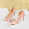BIGTREE SHOES 1363-Ak80 Banquet High Heels Women's Shoes Stiletto Suede Shallow Mouth Pointed Side Hollow Metal Rhinestone Buckle Pumps