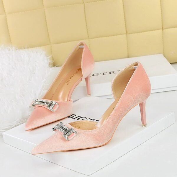 BIGTREE SHOES 1363-Ak80 Banquet High Heels Women's Shoes Stiletto Suede Shallow Mouth Pointed Side Hollow Metal Rhinestone Buckle Pumps