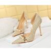 4c7858765b51c2d9499abb3eb2e6c9e3 8829-1 Korean version of high-heeled shoes with lattice pattern shallow mouth side hollow houndstooth pearl metal chain super high-heeled shoes