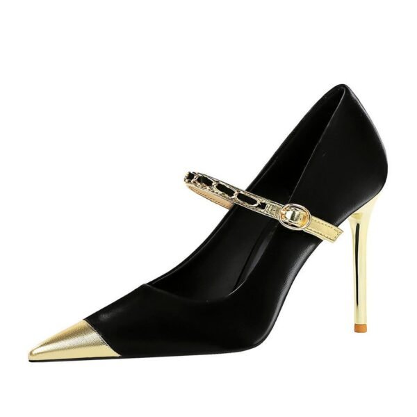 BIGTREE SHOES 9318-19 European and American High Heels Women's Shoes Stiletto Heel Shallow Mouth Color-Blocking Pointed-Toe Metal Chain Ankle-Strap Shoes
