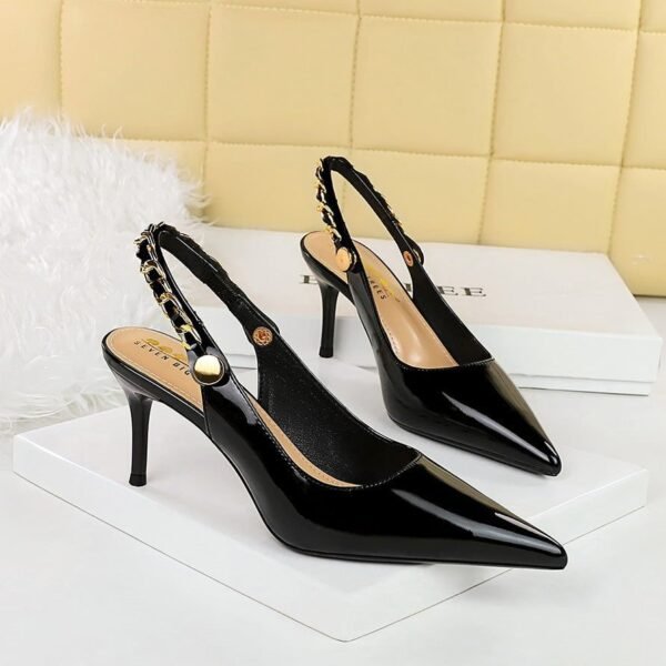 BIGTREE SHOES 1859-A1 European and American Style Banquet Women's Shoes Patent Leather Low-Cut Pointed-Toe Hollowed Back Strap Metal Chain High Heel Pumps