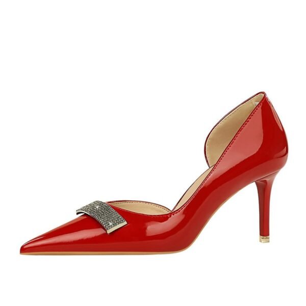Bigtree Shoes 638-Ak67 Banquet Women's Shoes Stiletto Heel Shiny Patent Leather Shallow Mouth Pointed Toe Side Hollow Rhinestone Metal Decorative Women's Shoes