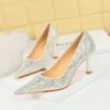 BIG TREE SHOES 1818-3 Korean Style Fashion Banquet High Heels Metal Heel High Heel Low-Cut Pointed Shining Sequin Cloth Pumps Women's Shoes