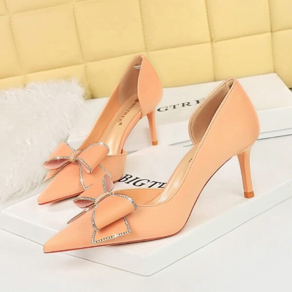 4d975252c5594f60861d89317d6530a2 BIGTREE SHOES 3226-Ah37 Korean Style Women's Shoes Wedding Shoes Stiletto Heel Shallow Mouth Pointed Toe Side Hollow Rhinestone Bow Pumps