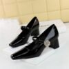 BIGTREE SHOES 5288-k89 European and American Style Banquet Women's Shoes Metal Rhinestone Buckle One-Strap Mid-Chunky Heel Low-Cut Square Heel Women's Shoes