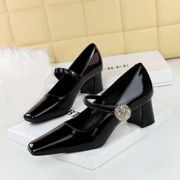 BIGTREE SHOES 5288-k89 European and American Style Banquet Women's Shoes Metal Rhinestone Buckle One-Strap Mid-Chunky Heel Low-Cut Square Heel Women's Shoes