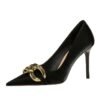 7239-1 European And American Fashion Slim Thin-heeled Super High-heeled Women's Shoes Shallow Pointed Big Metal Buckle Shoes