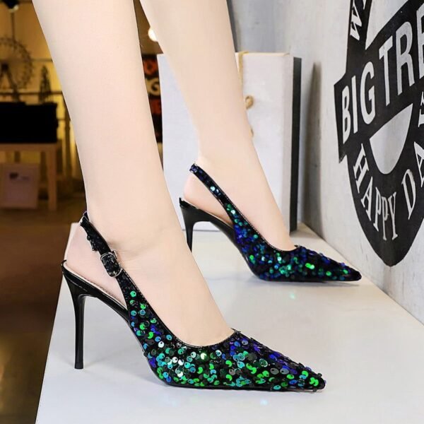 4e9e61f39fca05028c233186c9f56e77 BIGTREE SHOES 869-22 European and American High Heels Stiletto Women's Shoes Shallow Mouth Pointed-Toe Hollowed Back Strap Hollow Back Shoes Sequined Shoes High Heel