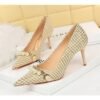 4fd6b848c1f2025347df9d3f6222090c 9283-A1 European and American thin-heeled high-heeled shallow-pointed cloth plaid houndstooth metal chain pearl shoes