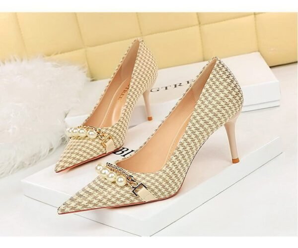 4fd6b848c1f2025347df9d3f6222090c 9283-A1 European and American thin-heeled high-heeled shallow-pointed cloth plaid houndstooth metal chain pearl shoes