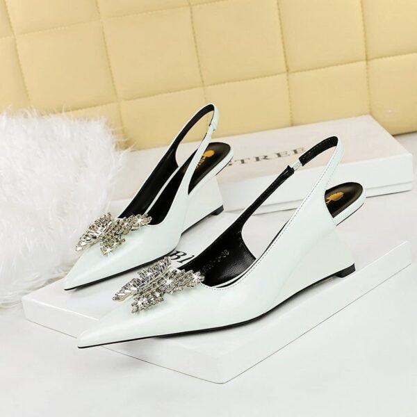 BIGTREE SHOES 1097-k53 High Heel Wedge Patent Leather Shallow Mouth Pointed Hollow Back Strap Metal Rhinestone Bow Single-Layer Shoes Women's Shoes