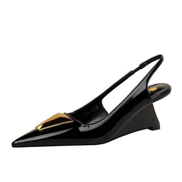 BIGTREE SHOES 1097-k55 European and American Style Women's Shoes High Heel Wedge Patent Leather Hollow-out Back Strap Shallow Mouth Pointed Metal Decorative Shoes