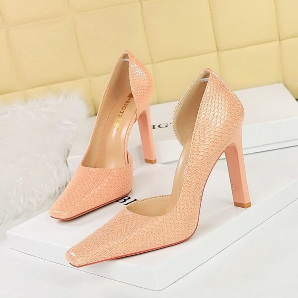 BIG TREE SHOES 3275-5 Retro European American Style Snake Print Patent Leather High Heel Shoes Chunky Heel Low-Cut Square Toe Side Hollow Banquet High Heel Pumps