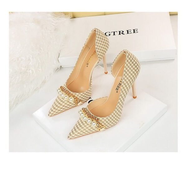 50d2ba5e3f413024fad0a0c067cadfc5 8829-1 Korean version of high-heeled shoes with lattice pattern shallow mouth side hollow houndstooth pearl metal chain super high-heeled shoes