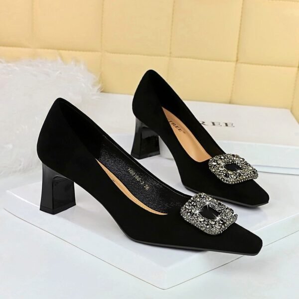 Bigtree Shoes 6186-k83 European and American Banquet Women's Shoes All-Match High Heel Chunky Heel Suede Square Toe Metal Rhinestone Buckle Single-Layer Shoes