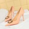 big tree shoes 3265-K9 Korean Style Fashion Banquet High Heels Stiletto Heel Shallow Mouth Pointed Toe Metal Buckle Decorative Pumps Women's Shoes